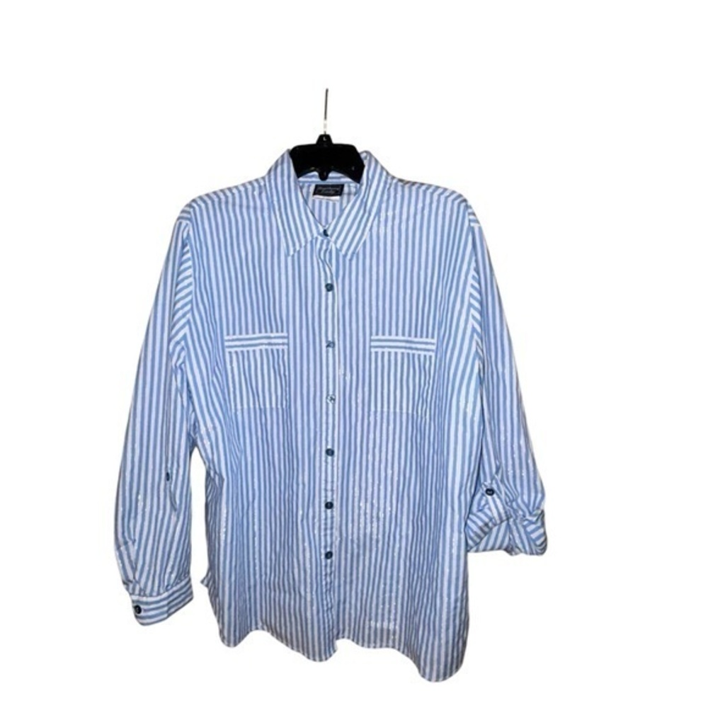 Southern Lady Blue Striped Blouse Size 20W Roll Tab Sleeve‎ Chest Pockets